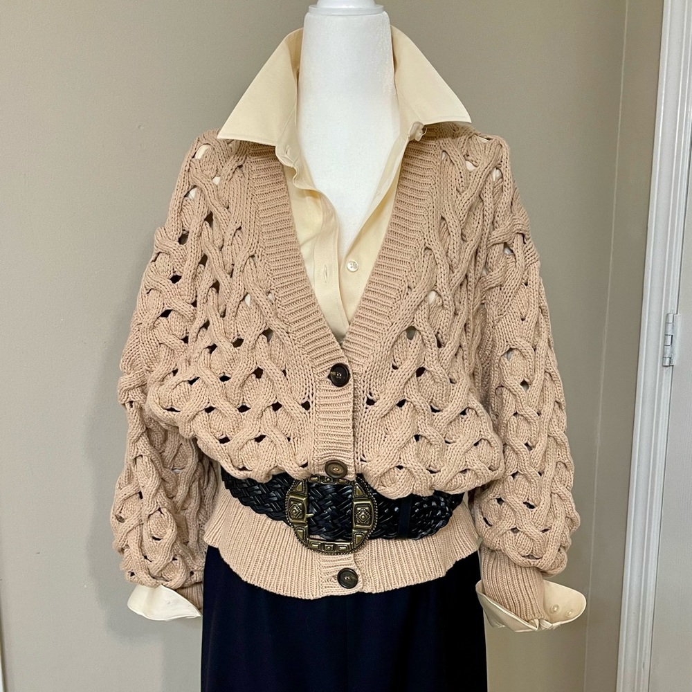 Brunello Cucinelli Beige Open-Knit Cashmere Blend Cardigan